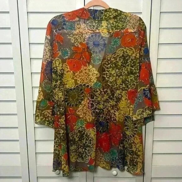 Cabi Shakespeare Floral 3/4 Sleeve Ruffle Kimono Tie Front Size Large - Picture 6 of 9
